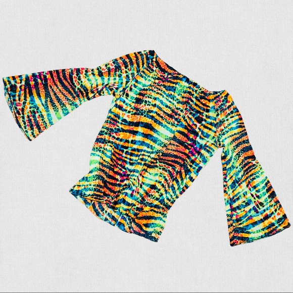 Mechant | Multicolor Lime Combo Animal Print Boat Neck Flare Bell Sleeve Blouse - Picture 4 of 8